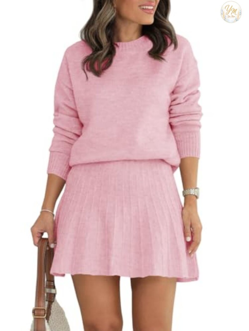 Women's 2 Piece Knit Skirt Set Fall Winter Sweater Pullover Pleated Mini Skirt